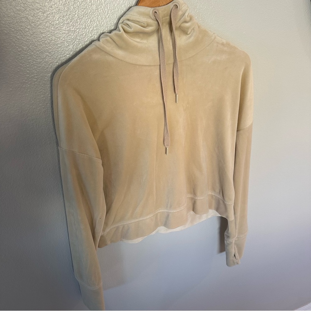 Aerie Offline Velour Mock Neck Long Sleeve Tan Neutral Hoodie, XS